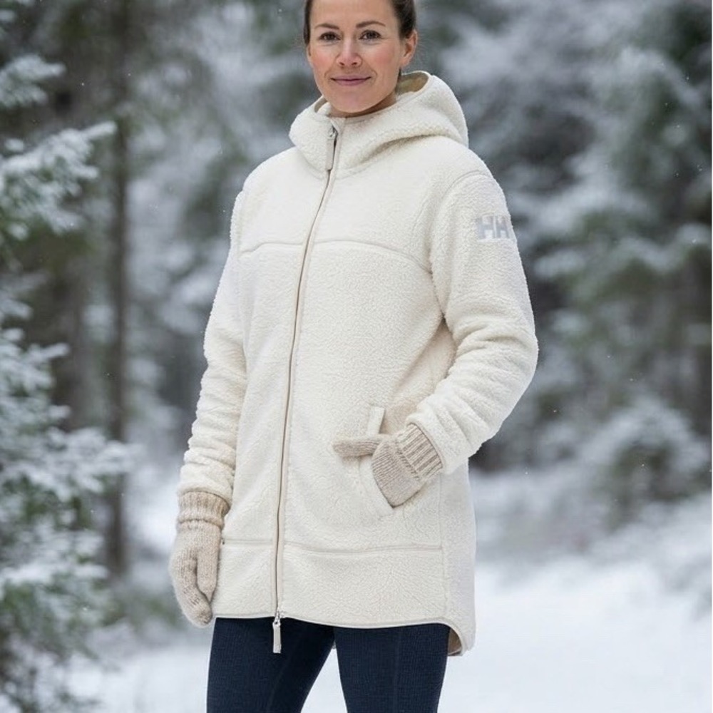 Helly Hansen Long Jacket Womens Sz M Ivory Maud Sherpa Fleece Soft Cozy Hooded